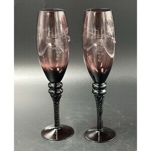 Vintage Amethyst Purple Etched Grape Glass Champagne Flutes Wine Glasses 2